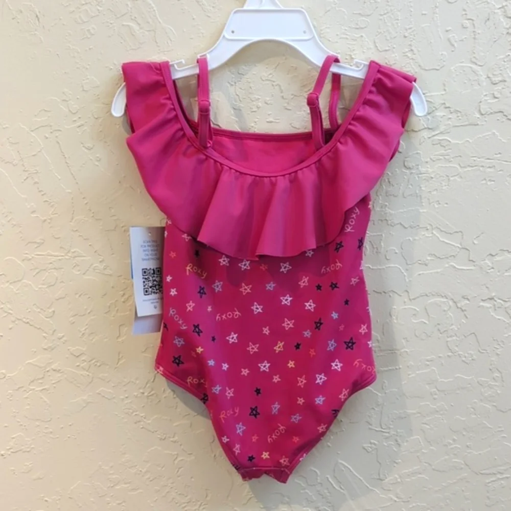 Roxy Pink Guava Tiny Stars Ruffle Off Shoulder One Piece Swim Suit Size 4T